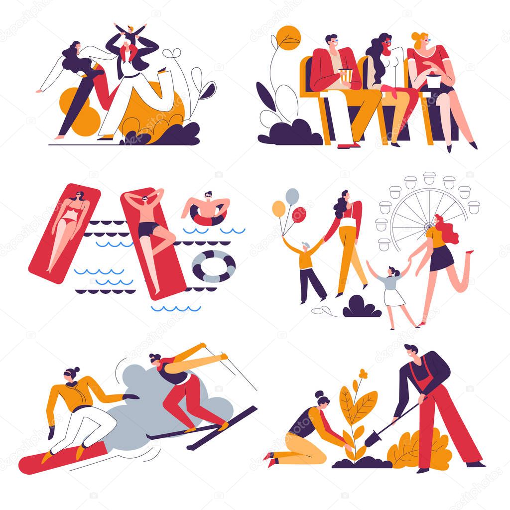 Parents and children, family pastime isolated icons vector. Father, mother and kids playing and watching movie, swimming and walking in amusement park., Skiing and planting tree, outdoor activities
