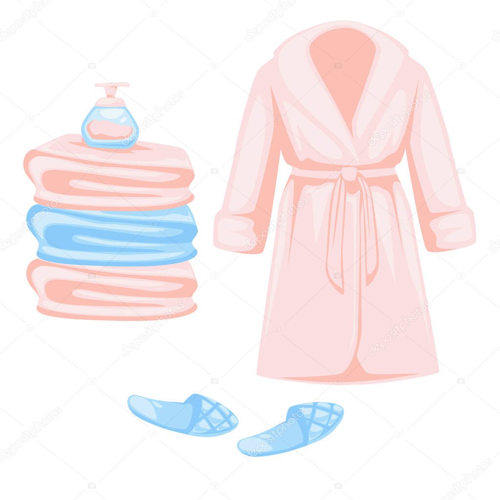 Home textile, bathrobe and towels stack, soap bottle and slippers, spa procedure, vector. House after shower clothes and fabrics, bathroom items. endless Homewear items, garment and footwear