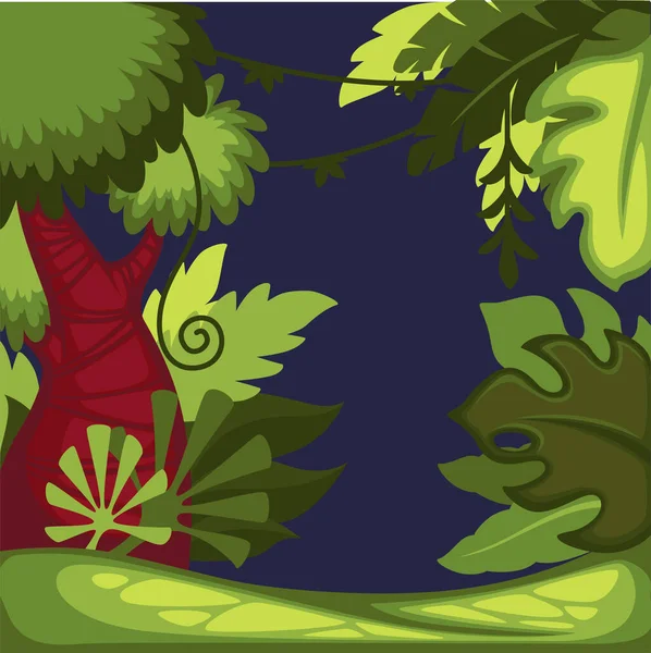 Regnskog eller tropisk djungel, lianer och buskar, natthimmel — Stock vektor
