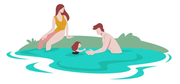 Familia en piscina, río o lago, recreación de verano en la naturaleza — Archivo Imágenes Vectoriales