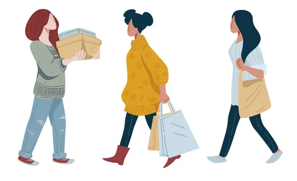 Frauen mit Einkaufstaschen oder Kleiderstapeln, Verkauf und Rabatt — Stockvektor