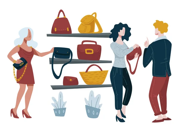 Loja de bolsas femininas, loja de acessórios de moda, bolsas e mochilas —  Vetores de Stock