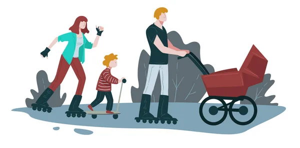 Skridskoåkning i parken, familjeaktiviteter utomhus, rollerblading med barnvagn — Stock vektor