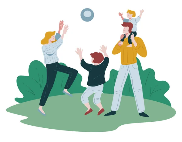 Familia jugando voleibol al aire libre en el parque, actividad al aire libre — Vector de stock
