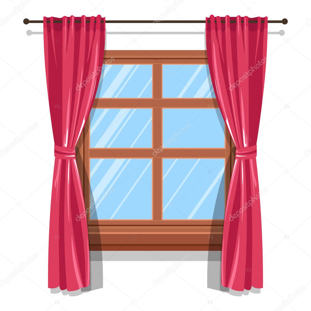 Curtains on wooden widow, blinds or shutters, shades isolated icon