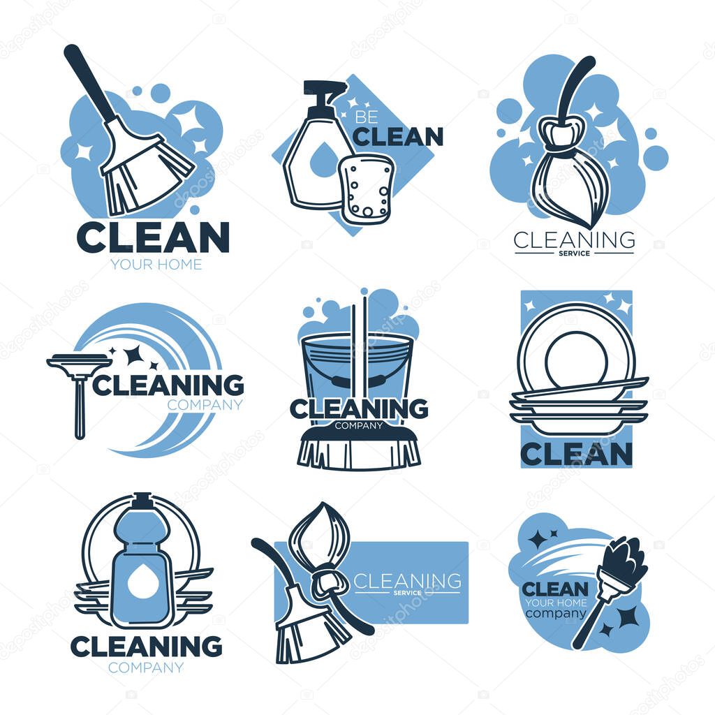 Clean service, cleaning tool, broomstick and brush isolated icon, housekeeping vector. Floor sweeping and washing, dishwashing and windows polishing. Housework company, sanitation and hygiene