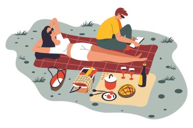 Hafta sonları ya da tatillerde piknik yapan insanlar. Erkek ve kadın dışarıda yemek yiyip dinleniyor, kadın karakter battaniyeye uzanıyor ve güneşleniyor. Kitap okuyan adam, düzlükte vektör.
