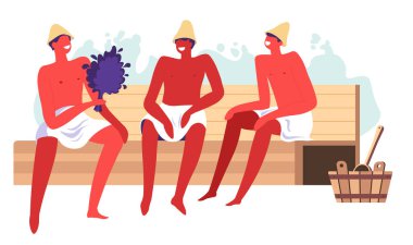 Erkeklerin sağlık ve güzellikleri için spa ve sauna prosedürleri. Cilt bakımı ve sıcak su ve buharla tedavi. Banyo süpürgesi tutan ve keçeli şapka takan erkek karakterler ahşap bankların üzerinde oturuyor.