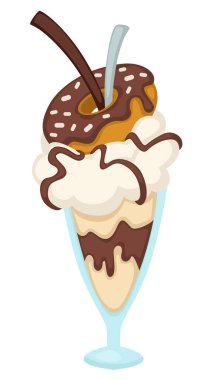 Dondurmalı tatlı, restoranda ya da kafede ayrı atıştırmalıklar. Süt ürünleri yanında fırında çörek, çikolatalı krema ve serpiştirilmiş. Menüde lezzetli dondurma, düz stil vektörü.