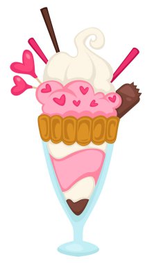 Kremalı ve çikolatalı çubuklu tatlı, beyaza izole edilmiş cam bardak. Dondurma kasede, pasta da şekerle süslenmiş. Çikolata ve bisküvi vektör illüstrasyonlu lezzetli atıştırmalıklar