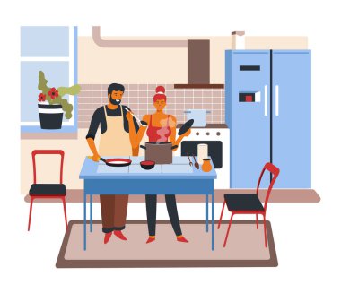 Erkek arkadaş ve kız arkadaş evde yemek hazırlıyor, kadın ve erkek birlikte yemek pişiriyor. Karı koca domates çorbası yapıyor. Kadın karakter tatma yemeği, mutfak vektöründe düz stil evli bir çift.