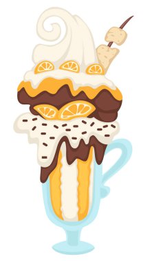 Dondurma tabağı ikonu, krema ve marşmelov, çikolata ve portakal dilimleri ile servis edilen izole edilmiş bir kepçe. Meyveli tatlılar, restoran ya da kafe menüsü. Sütlü dondurulmuş tatlı, düz vektör.