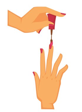 Manikür, kendini kırmızı renge boyuyorsun. Yakından bakınca, elinde püskül olan ve tırnaklarıyla kırmızı renkte manikür yapan biri. Beyaz sembol vektörüne izole edilmiş eller ve akrilik süsleme işareti