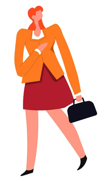 女主角穿着休闲装 提着手提包 身穿红头发衣服 外套的女性孤身一人 女商人优雅的风格 时髦的女老板 — 图库矢量图片