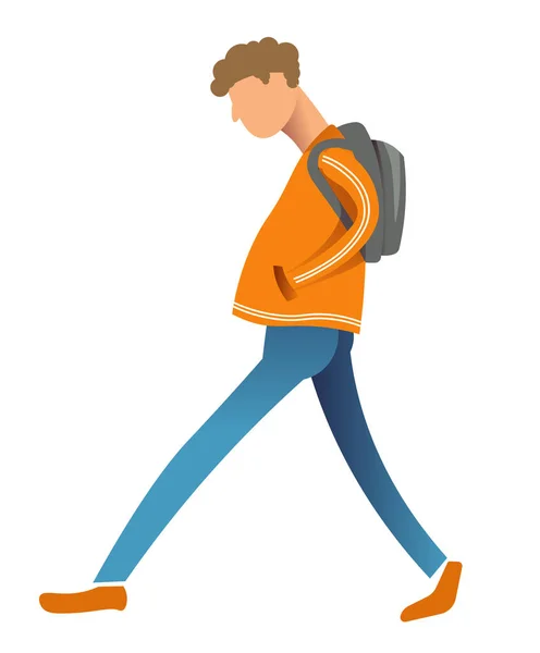 Mężczyzna Plecaku Uczeń Chodzący Smutno Profil Człowieka Plecakiem Podróżujący Turysta — Wektor stockowy