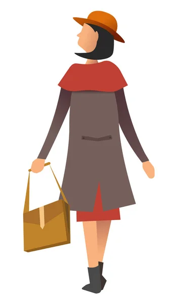 Female Wearing Overcoat Holding Handbag Isolated White Back View Woman — Stock Vector
