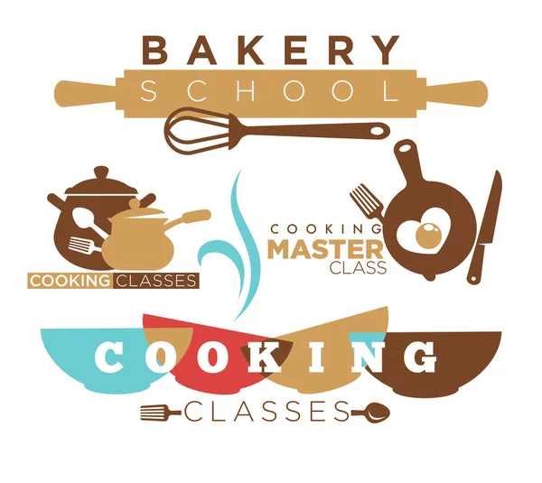 Fırın Okul Logosu Oklavası Tavayla Yemek Pişirme Ustası Yumurta Çatal — Stok Vektör