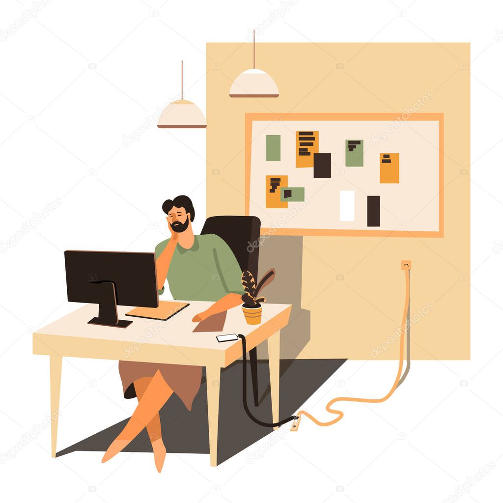 Man working on project online, freelance distant worker with laptop in flat. Businessman or entrepreneur with personal computer and gadgets for work. Student learning courses in internet, vector