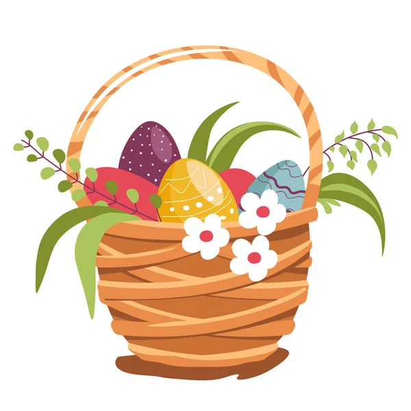 Gewebter Korb mit bemalten Eiern und Blumen zu Ostern — Stockvektor