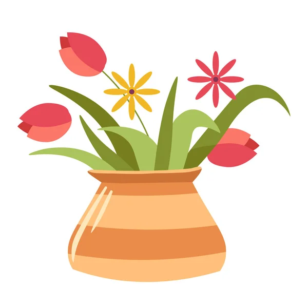 Rustic vase with floral bouquet, tulips and foliage — Stock Vector