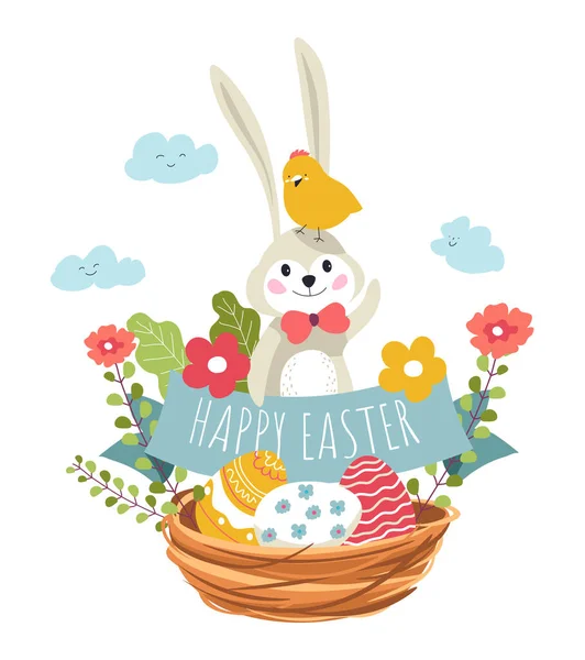 Joyeuses Pâques, lapin et oiseau assis dans le panier tissé — Image vectorielle