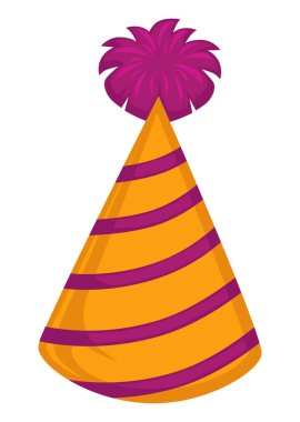 Parti kutlaması aksesuarları, doğum günü ya da tatil şapkaları. Çizgili başlık ikonu, festivaller ya da karnavallar için süslü bir kostüm. Kağıttan yapılmış kapak, düz stil vektör