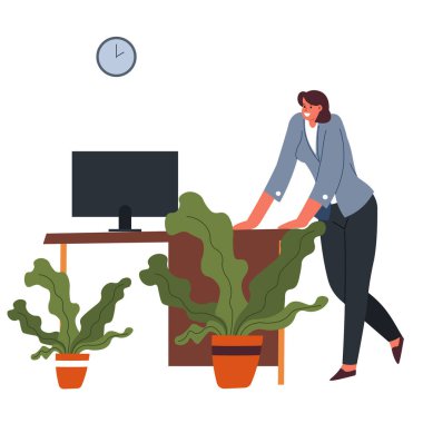 Kadın karakter ofiste masanın başında duruyor. İş yerindeki izole edilmiş kadın gülümsüyor ve çalışmak için bilgisayarla masaya yaslanıyor. Mobilyaları, bitkileri ve saat vektörleri düz olan işyeri çalışanı