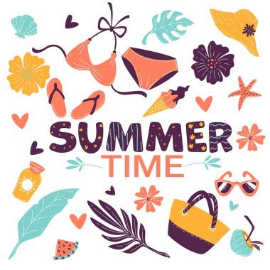 Mayolu, şapkalı, çantalı ve terlikli bir tatil posteri. Tropikal yaprakları ve çiçekleri olan bir yaz tabelası. Giysiler ve aksesuarlar, plaj seyahati ya da tatiller için dekorasyon, dairesel vektör