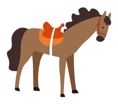 Sabit duran eyerli bir at, at binicisi için arka koltuğu olan izole edilmiş bir aygır. Ayakta duran safkan kısrak, yarış için evcil hayvan. Binicilik ekipmanları, düz stil at vektörü