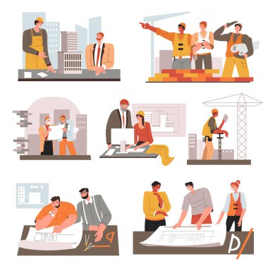 İnşaat sektöründe çalışan insanlar. Enstrümanlı mühendisler ve inşaatçılar koleksiyonu. Planlar ve taslaklar üzerinde çalışan, ofislerde inşaat yapmayı planlayan mimarlar. Düz biçimli vektör