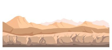 Doğa, tepeler ve dağların boş manzarası. Sert zemin ve kayalar, çamurlu ve çamurlu bir vadi. Kırık topraklı vahşi manzara, düz şekilli kırsal manzara vektörü