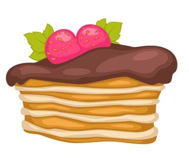 Çikolata soslu ve çilekli tatlı ve katmanlı pasta. Lokantada yemek kitabı ya da menü için izole edilmiş tatlı ikonu. Kremalı ev yapımı turta, düz vektör.