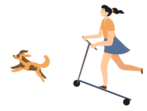 Personaje Femenino Scooter Infantil Acompañado Mascota Canina Corriendo Chica Transporte — Vector de stock