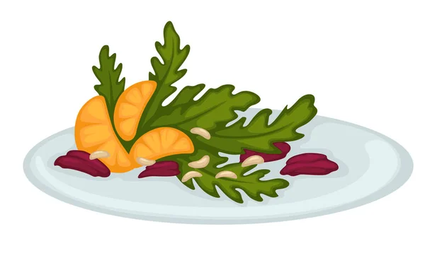 Biologisches Essen Auf Dem Teller Salat Mit Rucola Zitrusfrüchten Und — Stockvektor