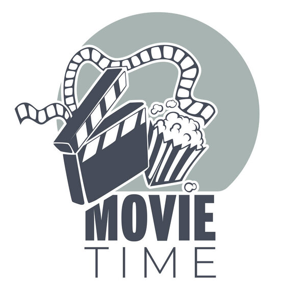 Time to watch movies label, isolated icon of clapboard with popcorn and reel. Leisure of hobby emblem, broadcasting movies in cinema, filmmaking industry. Cinematography vector in flat style