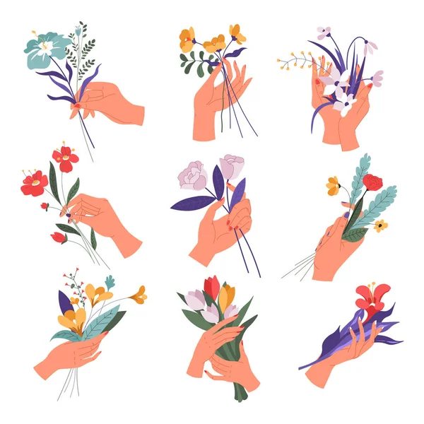 Collection Elegant Female Hands Holding Flowers Bloom Set Simple Bouquets — Stock Vector