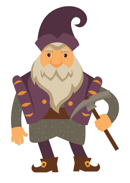 长胡子的老侏儒手里拿着锄头 是传说中孤立的童话人物 具有采矿工具的男性角色 身穿华丽服装和靴子的侏儒 矢量呈扁平型 — 图库矢量图片