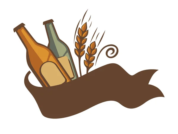 啤酒厂标志与啤酒瓶和小麦穗 孤立的标志与带子 用酒精饮料 清凉的冷饮在玻璃瓶中 苹果酒图标 平面矢量 — 图库矢量图片