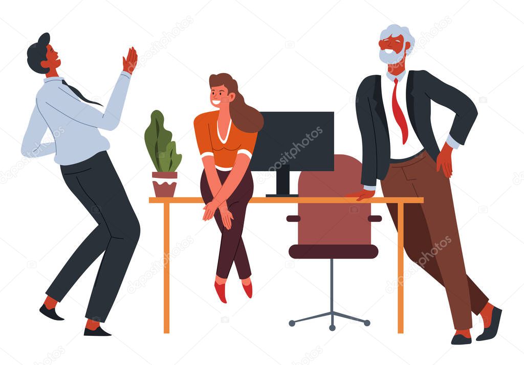 Employees team talking and laughing at free time on coffee break. Office workers team discussing funny things, man and woman at working place. Director or boss with coworkers, vector in flat