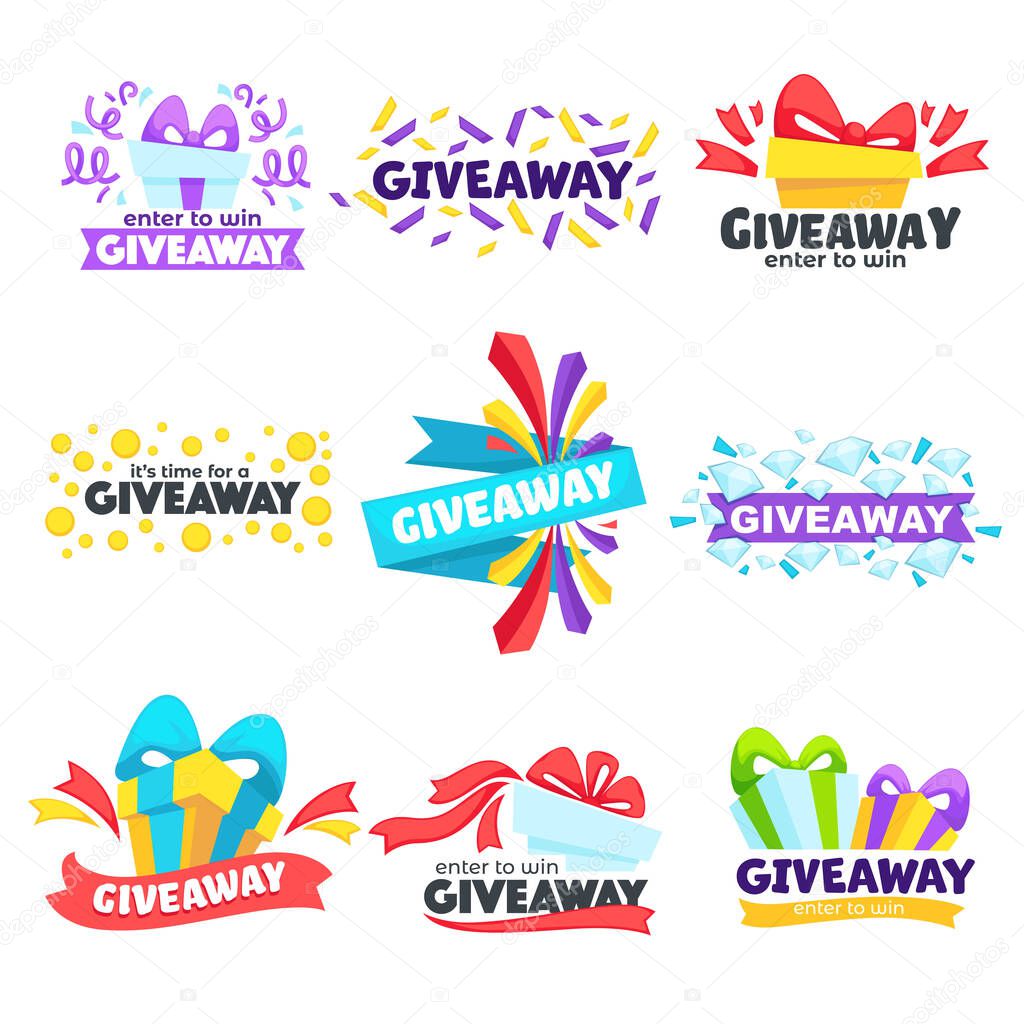 Promotion in social media with giveaways, collection of banners with presents and celebration confetti. Gifts and freebies for likes or posts of followers. Advertising online, vector in flat style