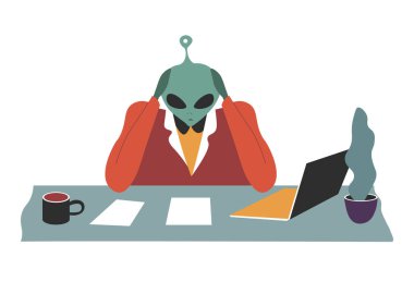 Ofisteki projeyi düşünen insansı bir karakter. Evraklarda çalışan bir uzaylı, kişisel bilgisayarı olan bir işyeri, dekoratif bitki ve bir fincan kahve. İş vektöründe canavar beyin fırtınası