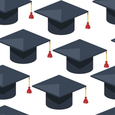 Mezuniyet şapkası ya da yüksek lisans, üniversite ya da üniversite diploması. Mezunlar yüzbaşısı, püsküllü akademisyen aksesuarları, mezunların eğitim başarıları. Düz düzlemde kusursuz şablon vektörü