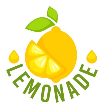 Organik limonata, çiğ limon dilimi ve yapraklı meyve. Diyet ya da detoks için sulu bir içecek. Sıvı ve yazıt damlaları, ürün işaretleme için amblem, düz vektör