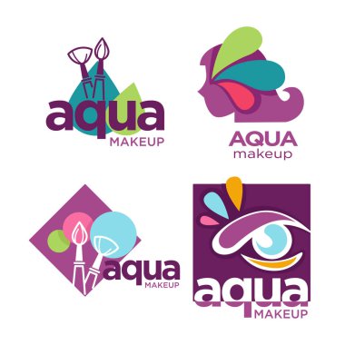 Aqua makyaj malzemeleri koleksiyonu, güzellik salonları ya da kozmetik şirketleri ya da dağıtımcılar için izole edilmiş logotipler. Kadınlar için saç ve cilt bakımlı pankartlara damga adı, düz stil vektör