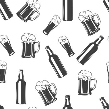 Alkollü içecek ve köpüklü bardak, dikişsiz bira şişeleri. Bira fabrikası ve zanaat birası, bar ya da bar tarzı arka plan ya da içki işletmelerinde menü için baskı. Düz biçimli vektör