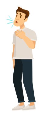 Nefes darlığı çeken ya da öksüren hasta bir adam. Koronavirüs hastalığı olan izole bir erkek karakter. Alerjik kişilik bozukluğu boğulma, öksürük, bronşiyal astım. Virüs salgını, düz biçimdeki vektör