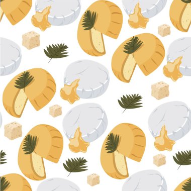 Bitkilerle servis edilen peynir parçaları, pürüzsüz desenler. Süt ürünleri, diyet ve beslenme. Restoranın ya da dükkanın organik üretimi, çeşitlilik geçmişi. Düz biçimli doğal besin vektörü