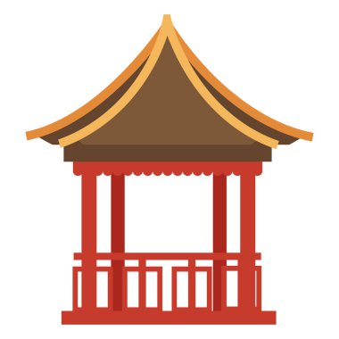 Çin 'in geleneksel mimari yapısı. Çin mimarisi, sivri çatılı ve sütunlu bir bina. Tahta bina ya da Japonya tapınağı. Turistik mekan, düz stil vektörü