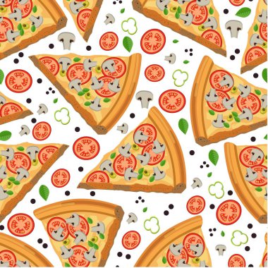 Domatesli, mantarlı ve çan biberli pizza dilimleri. Geleneksel İtalyan mutfağı, otlu ve soslu yemek. Organik bileşenler, eko sebzeler, düz stil vektör.