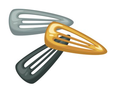 Saçlar için aksesuarlar, kadın saç stili dekorasyonu. Ayrı bir toka ikonu, göz alıcı süslemeler, kuaförler ya da stilistler için nesneler. Metalik saç tokalarını, düz stil vektörlerini kırpar